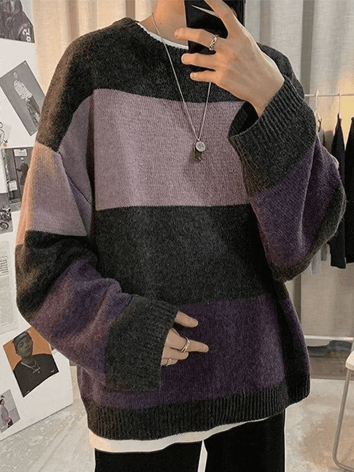 Men's Contrast Striped Long Sleeve Knit Sweater – Omcne