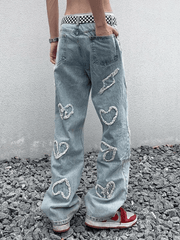 Men's Heart Patch Light Wash Loose Jeans