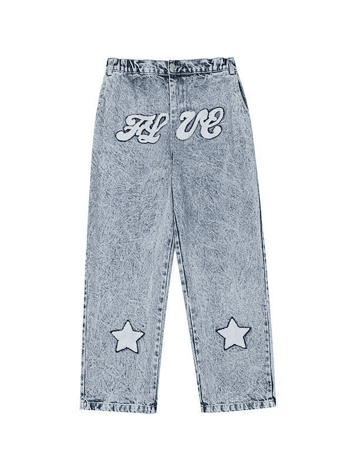 Men's Letter Star Embroidered Acid Wash Loose Jeans