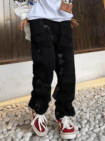 Men's Stitch Detail Distressed Black Loose Jeans