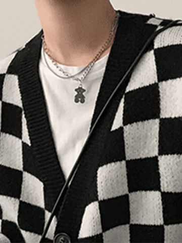 Men's V Neck Checkered Cardigan Sweater