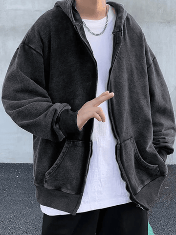 Schwarzer Vintage Wash Zip-Hoodie für Herren