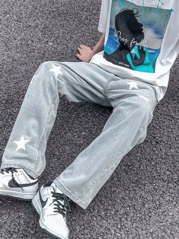 Men's Washed Star Graphic Loose Jeans