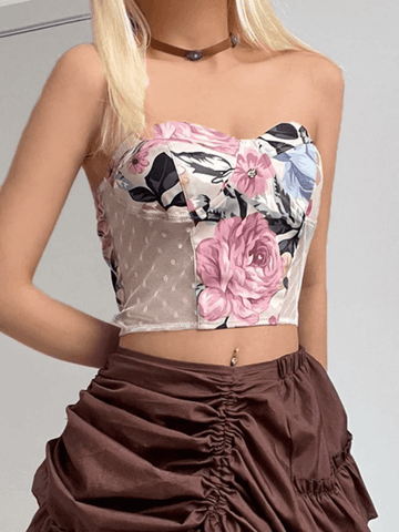 Top corto bandeau con estampado floral de malla