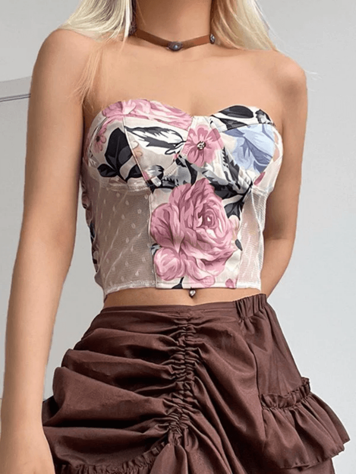 Top corto bandeau con estampado floral de malla