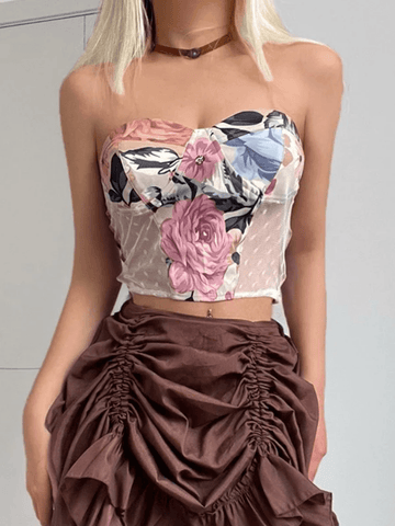 Top corto bandeau con estampado floral de malla