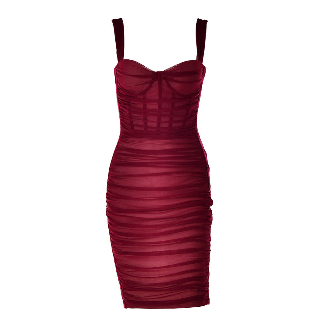 Cocktail-Minikleid aus Samt mit Netzeinsatz und Herzausschnitt und Korsett - Fuchsia