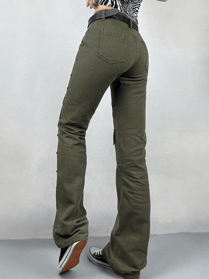 Metal Decor Washed Flare Jeans
