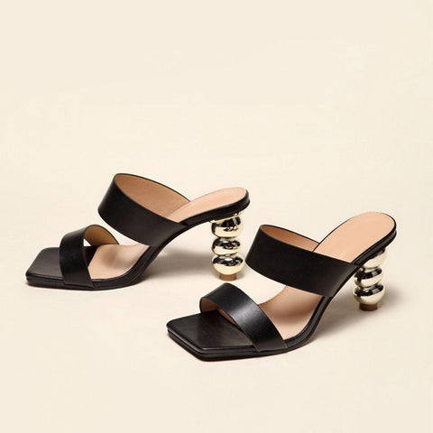 High Heel Square Toe Mule Sandals - Black