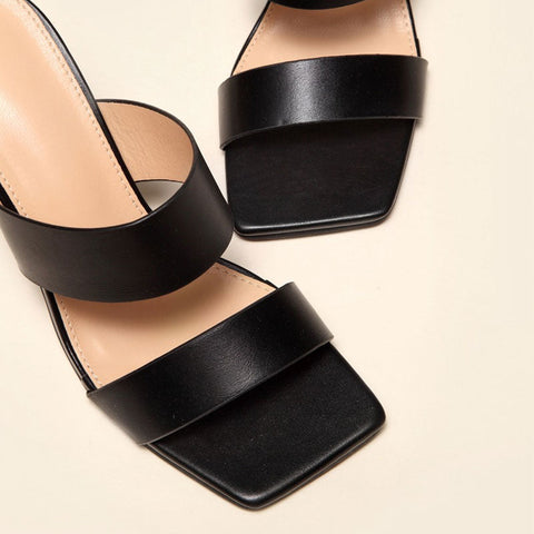 High Heel Square Toe Mule Sandals - Black