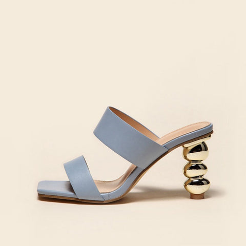 High Heel Square Toe Mule Sandals - Blue Grey