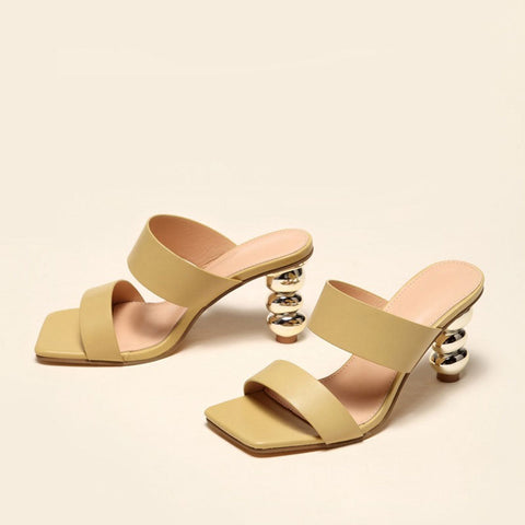 High Heel Square Toe Mule Sandals - Camel