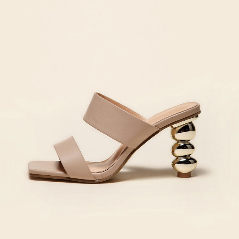 High Heel Square Toe Mule Sandals - Nude