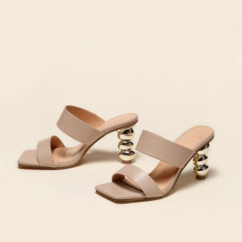 High Heel Square Toe Mule Sandals - Nude