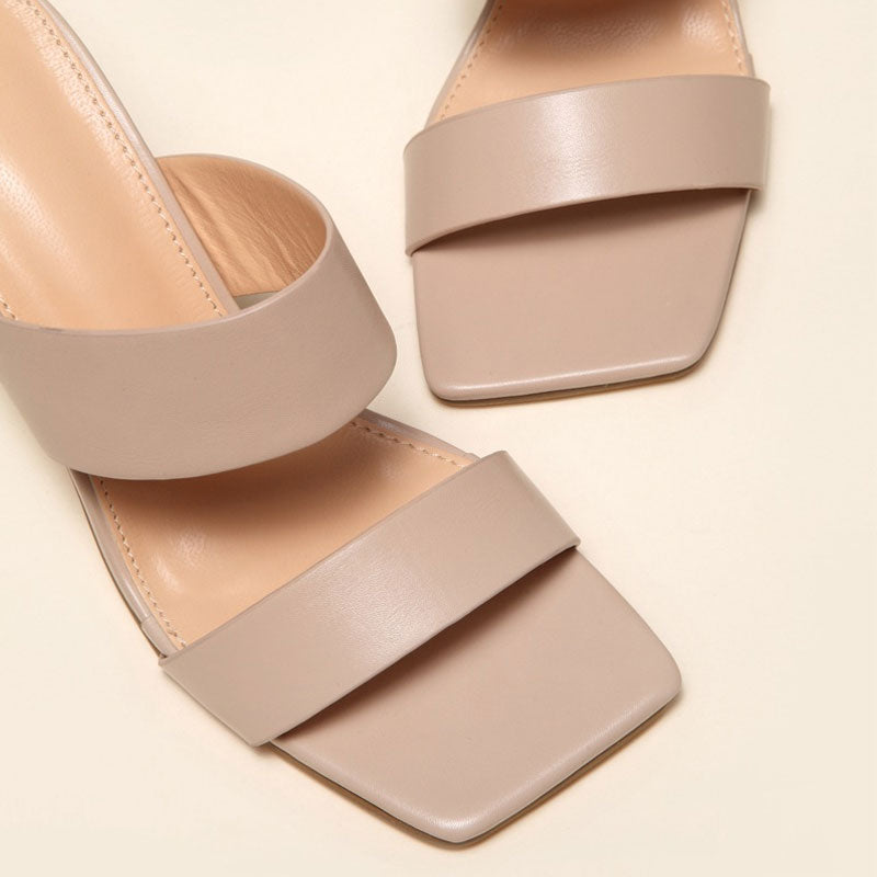 High Heel Square Toe Mule Sandals - Nude