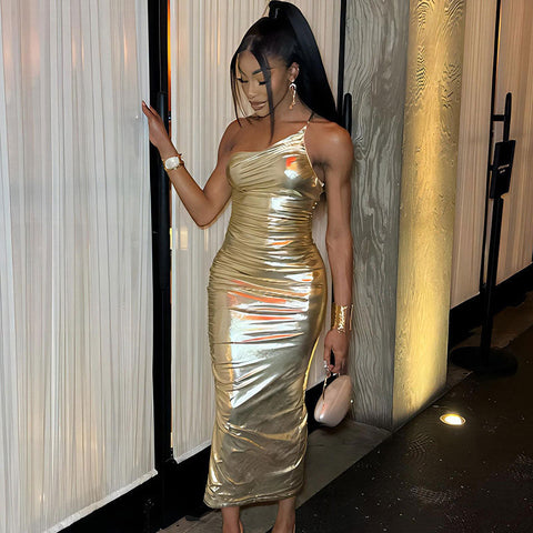 One-Shoulder-Bodycon-Party-Maxikleid - Gold