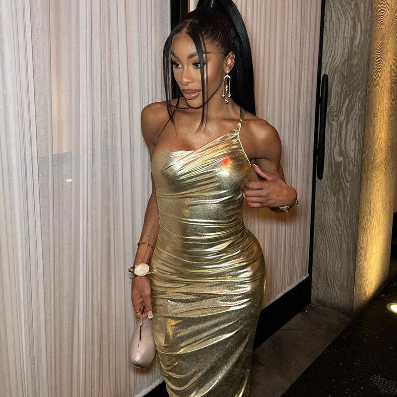 One-Shoulder-Bodycon-Party-Maxikleid - Gold