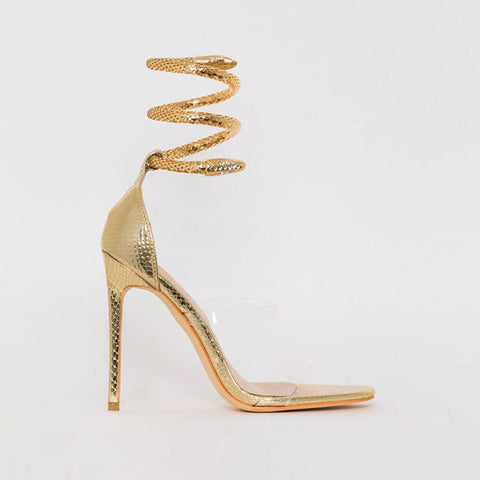 Ankle Wrap Open Toe Strap Stiletto Sandals - Gold