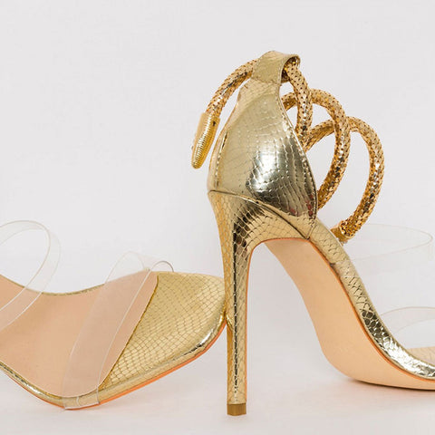 Sandalen mit offenem Zehenbereich und Riemchen und Stilettoabsatz - Gold