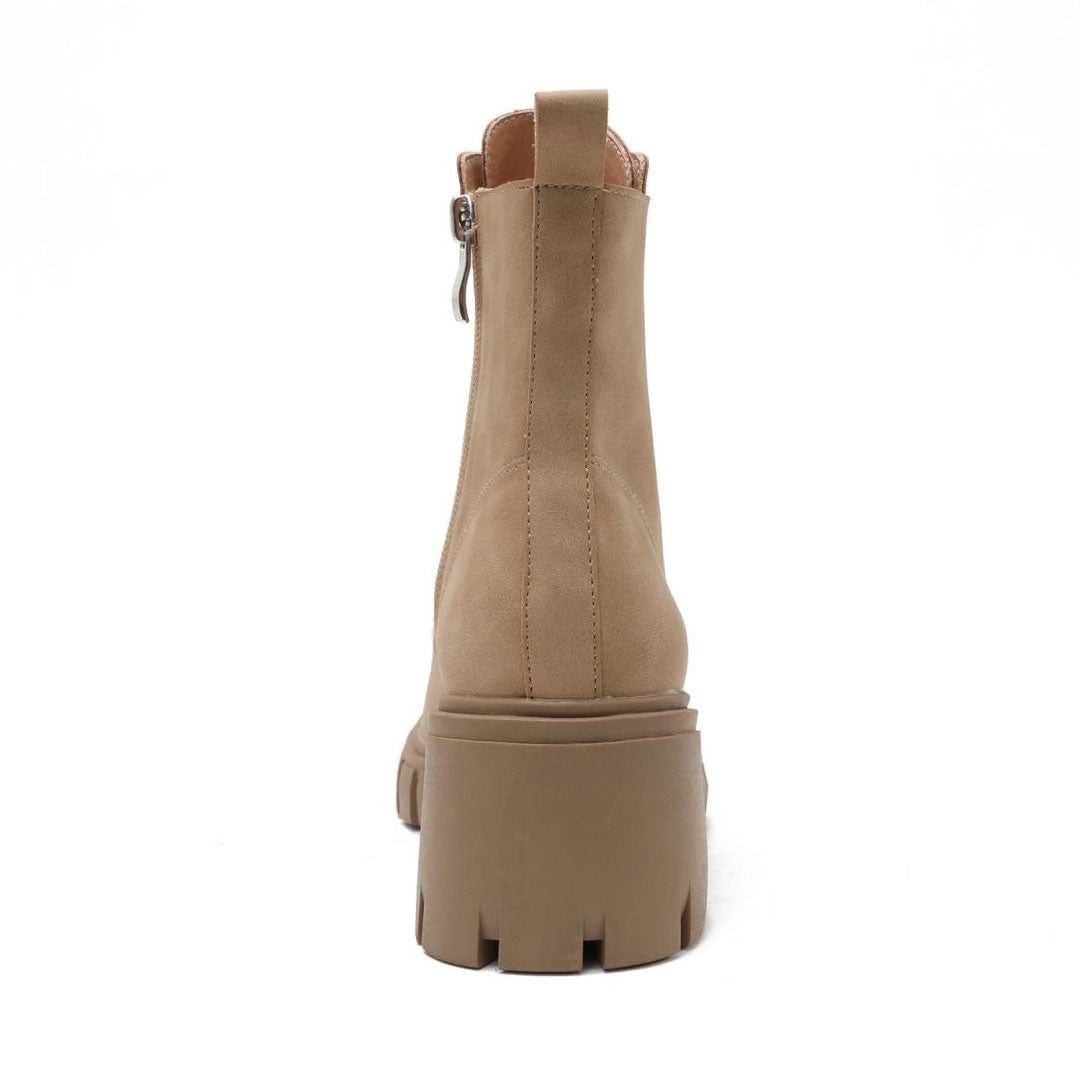 Toe Block Heel Lug Sole Lace Up Combat Boots - Apricot