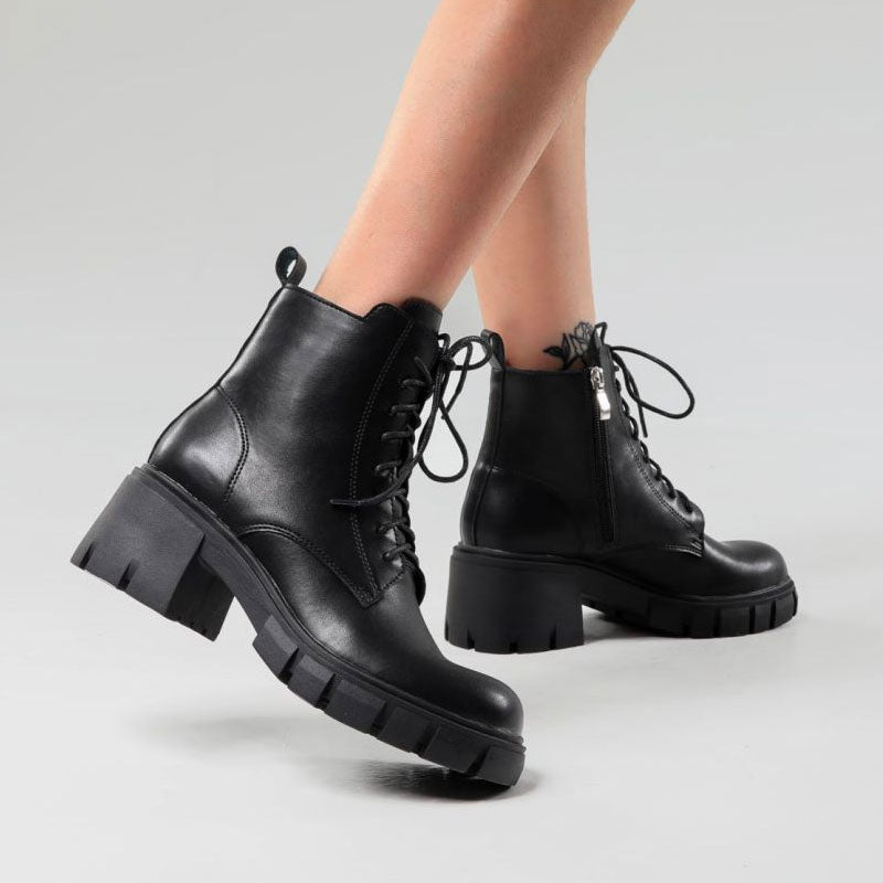 Toe Block Heel Lug Sole Lace Up Combat Boots - Black