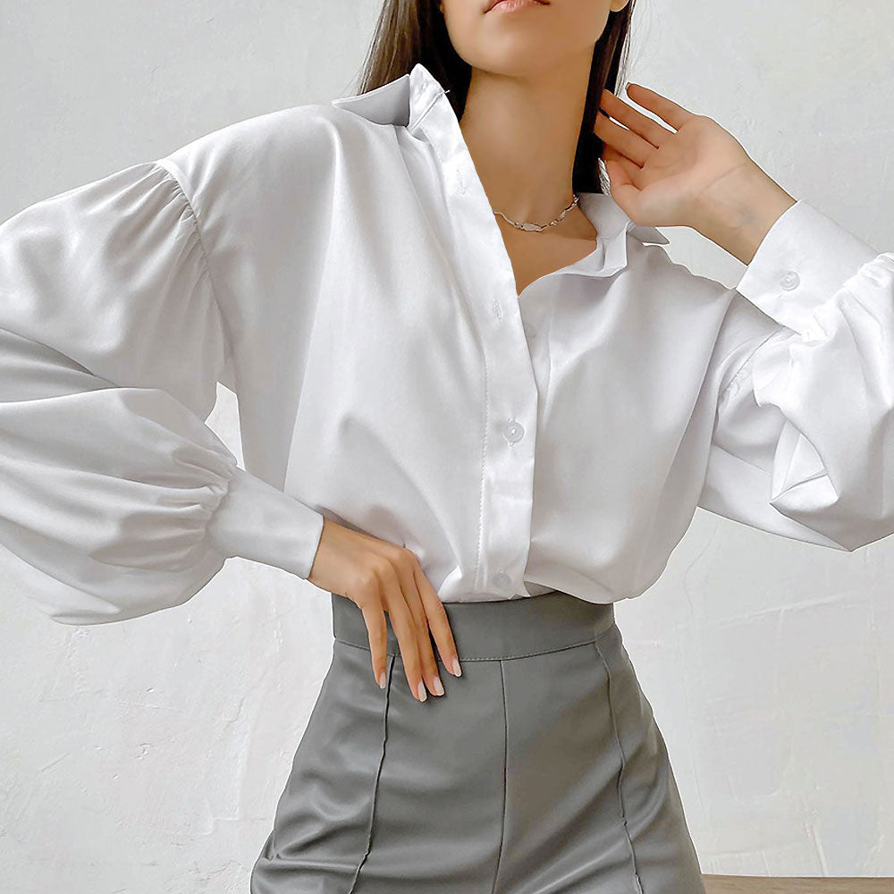 Chiffon Ruched Bishop Sleeve Pointed Collar Shirt - White