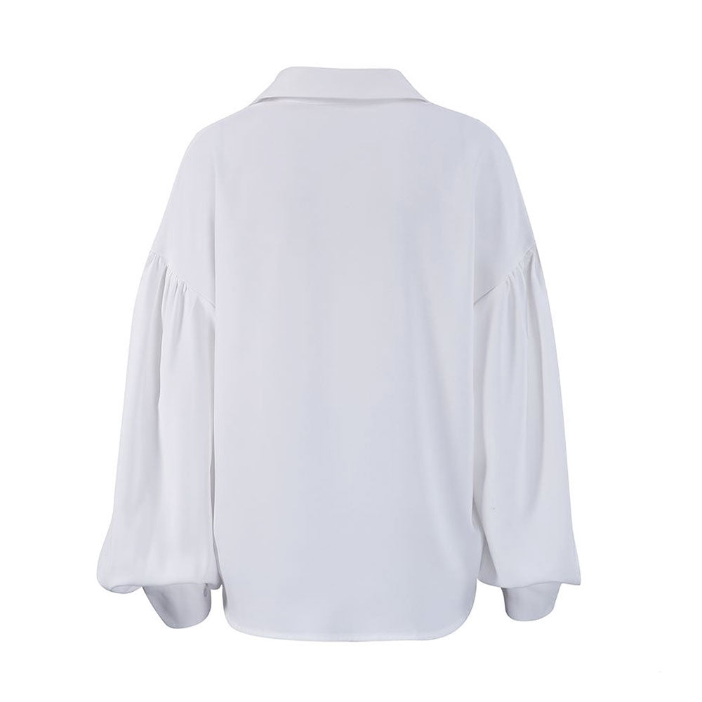 Chiffon Ruched Bishop Sleeve Pointed Collar Shirt - White