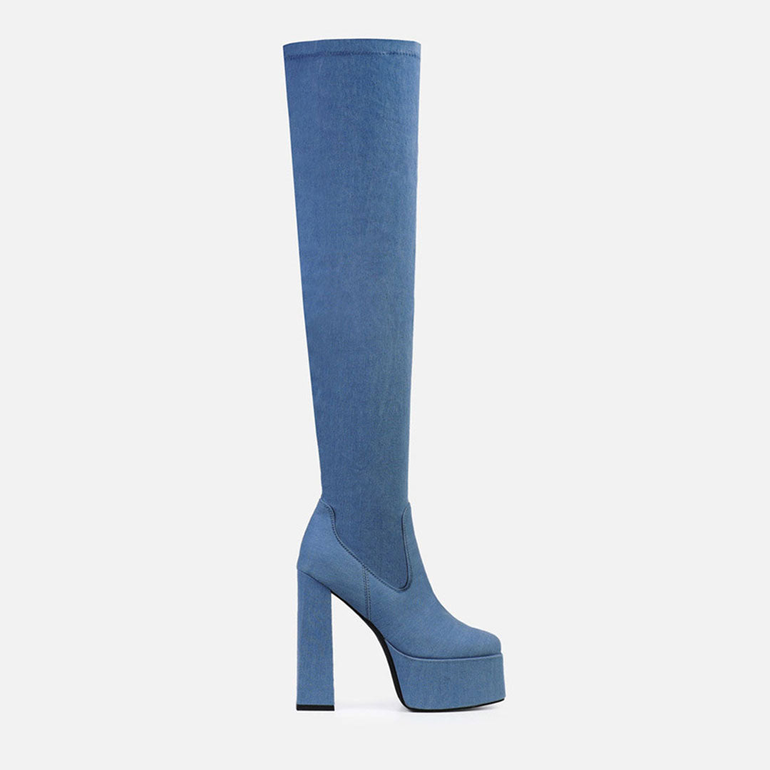 Denim Overknee-Stiefel mit hohem Absatz und Plateausohle - Jeansblau