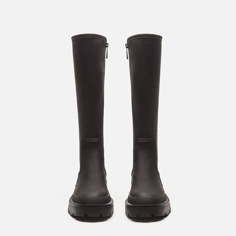 Toe Panel Trim Chunky Platform Knee High Boots - Black