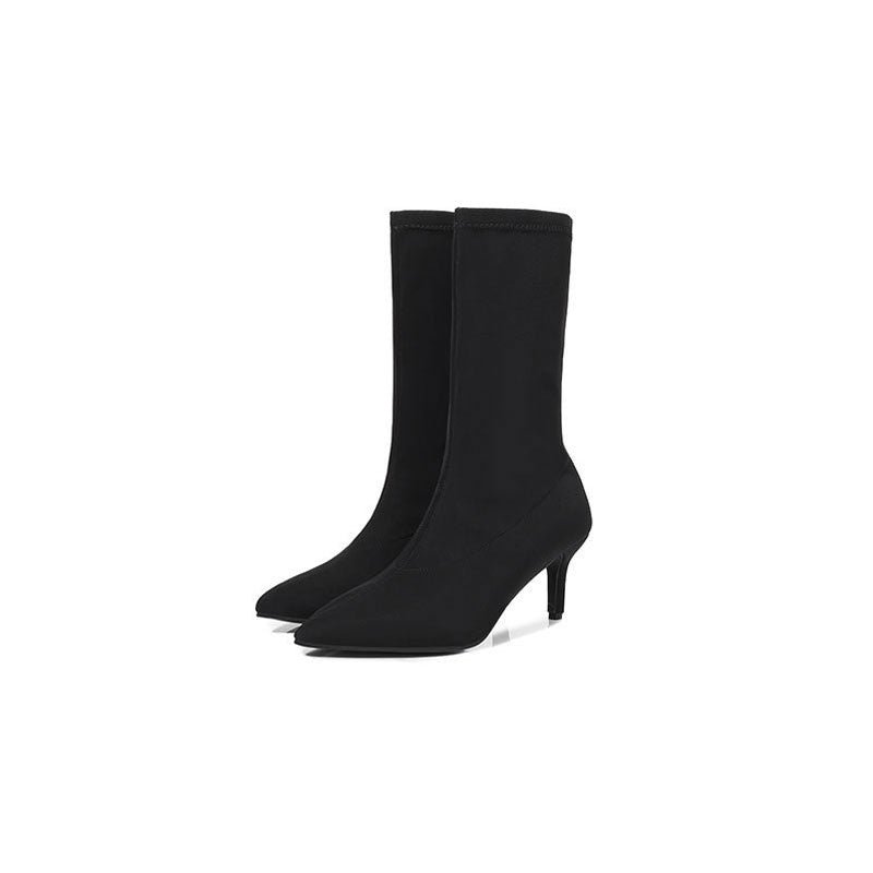 High Heel Sock Ankle Boots - Black