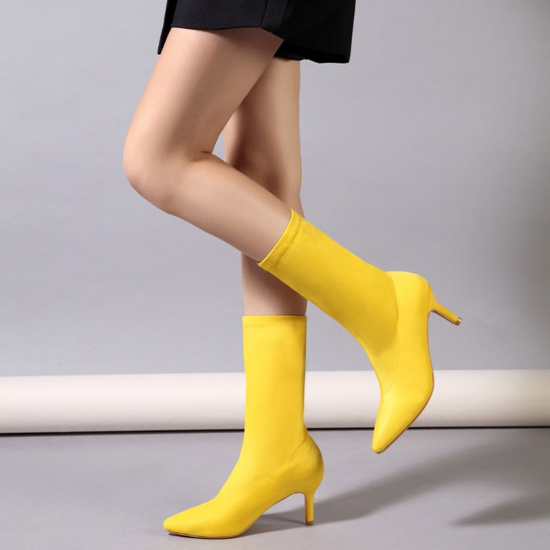 High Heel Sock Ankle Boots - Yellow