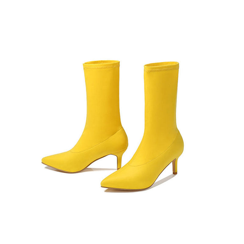 High Heel Sock Ankle Boots - Yellow
