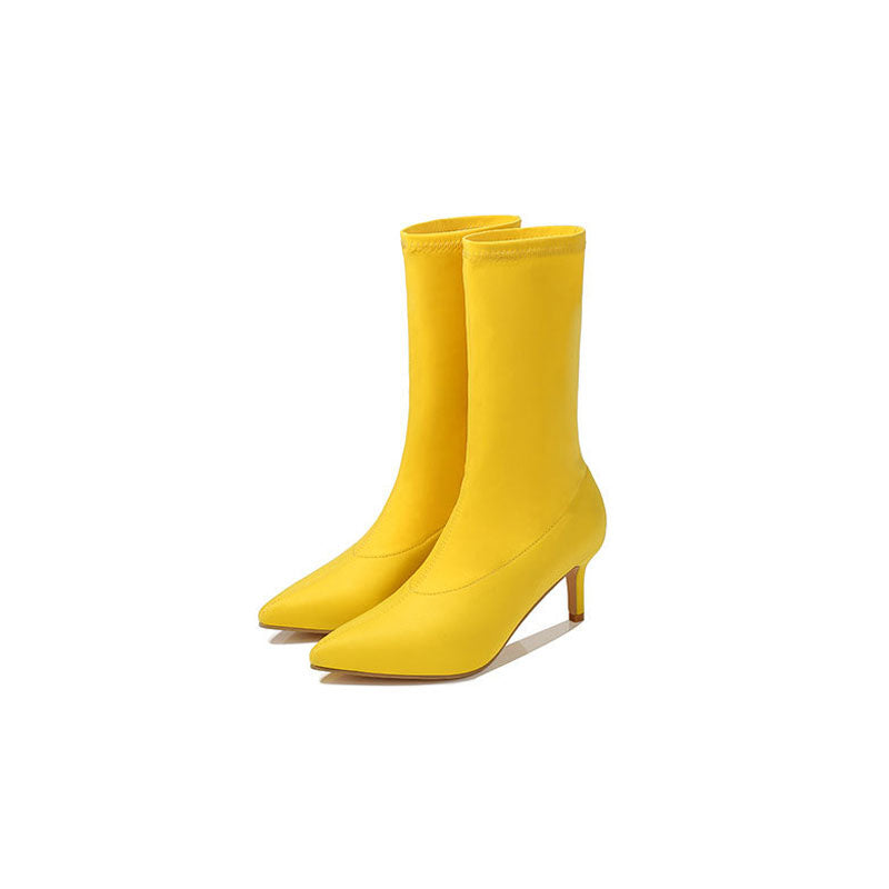 High Heel Sock Ankle Boots - Yellow