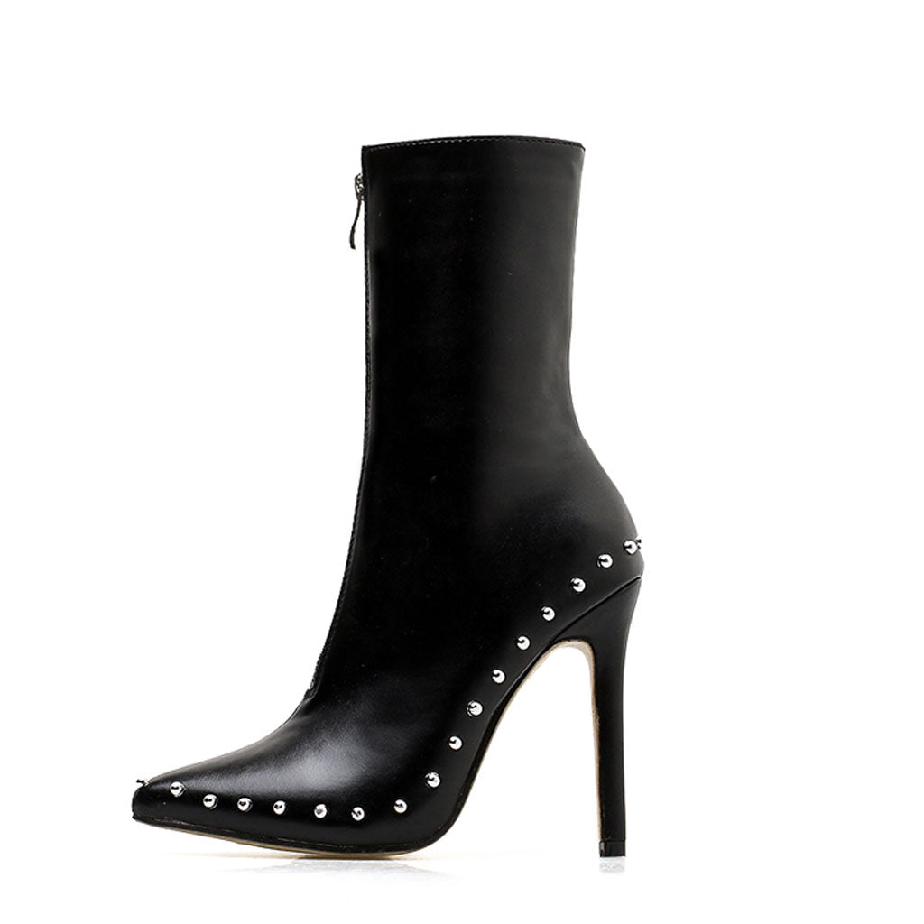 Bead Trimmed Pointed Toe Zip Front Ankle Boots - Black