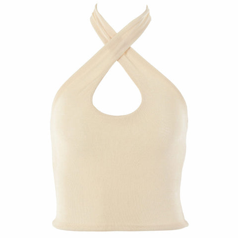 Top corto cruzado con cuello halter - Beige