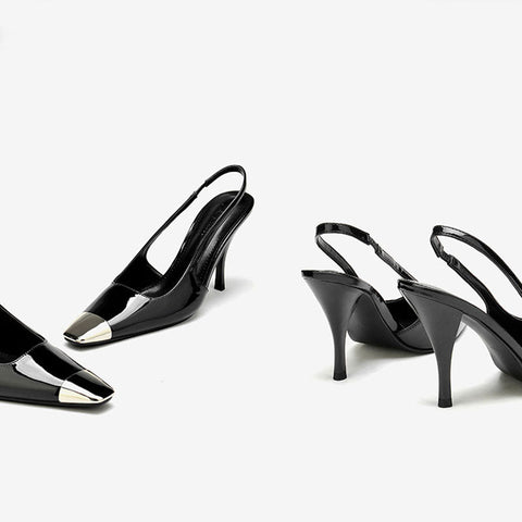 Slingback-Pumps aus Lackleder mit quadratischer Zehenpartie aus Metall - Schwarz