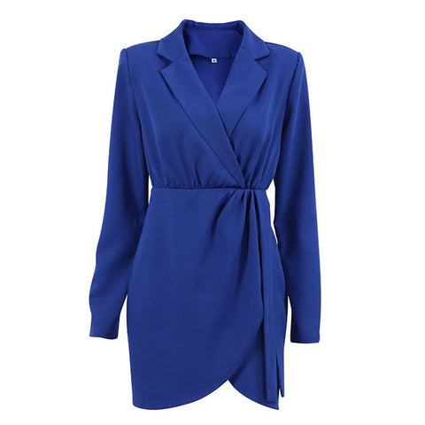 Vestido mini estilo blazer con cuello de solapa y hombreras fruncidas en V - Azul rey