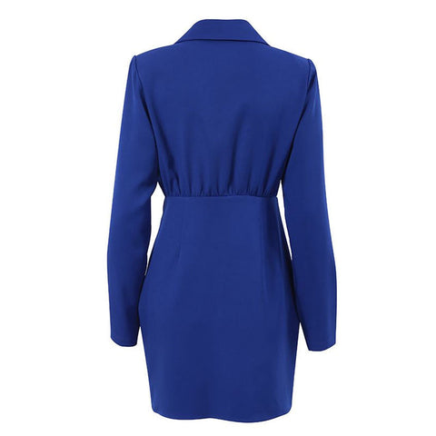 Ruched Shoulder Pad Lapel Collar V Neck Blazer Mini Dress - Royal Blue