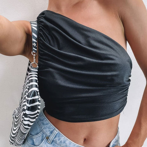 Cropped-Tanktop mit One-Shoulder-Träger und Rüschenbesatz - Schwarz