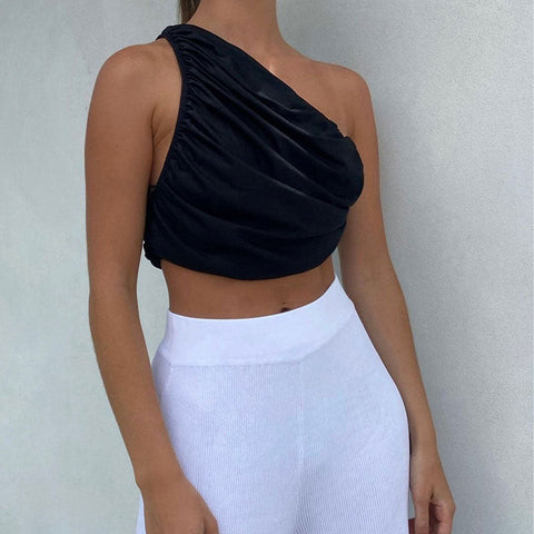 Cropped-Tanktop mit One-Shoulder-Träger und Rüschenbesatz - Schwarz