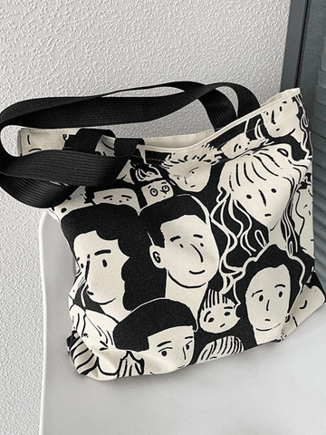 Monochrome Canvas-Shoppertasche mit Gesichtsgrafik