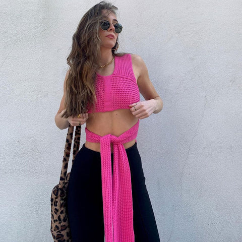 Cropped-Strick-Tanktop mit Bindebändern - Pink