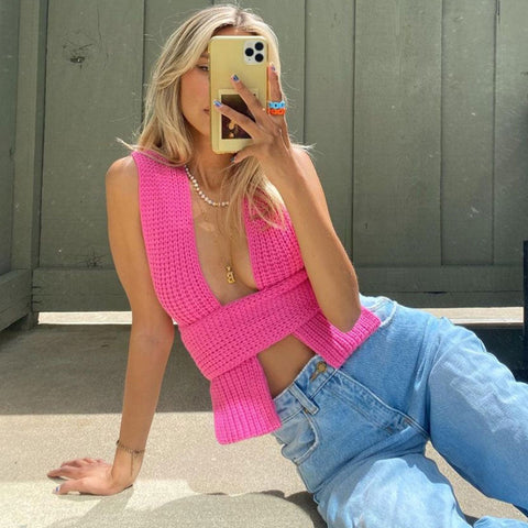 Cropped-Strick-Tanktop mit Bindebändern - Pink