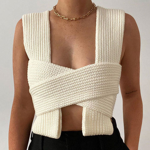 Cropped-Strick-Tanktop mit Bindebändern - Weiß