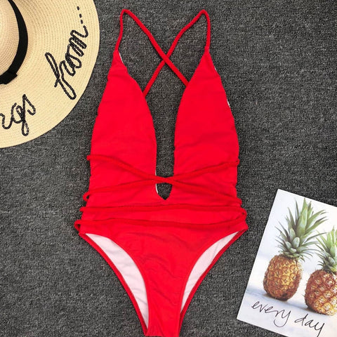 High Leg Brazilian One Piece Swimsuit - Red