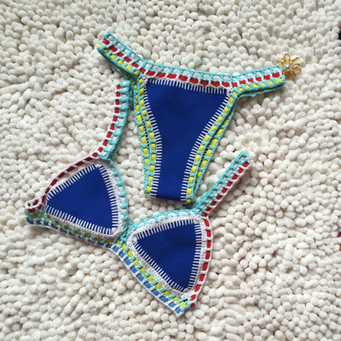 Bikini triangular de neopreno con banda de crochet - Azul