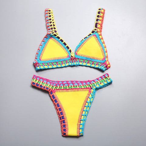 Bikini triangular de neopreno con banda de crochet - Amarillo