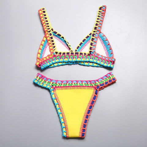 Bikini triangular de neopreno con banda de crochet - Amarillo