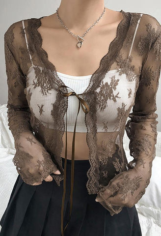 Open Front Lace Long Sleeve Crop Blouse