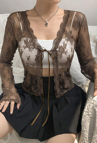 Open Front Lace Long Sleeve Crop Blouse